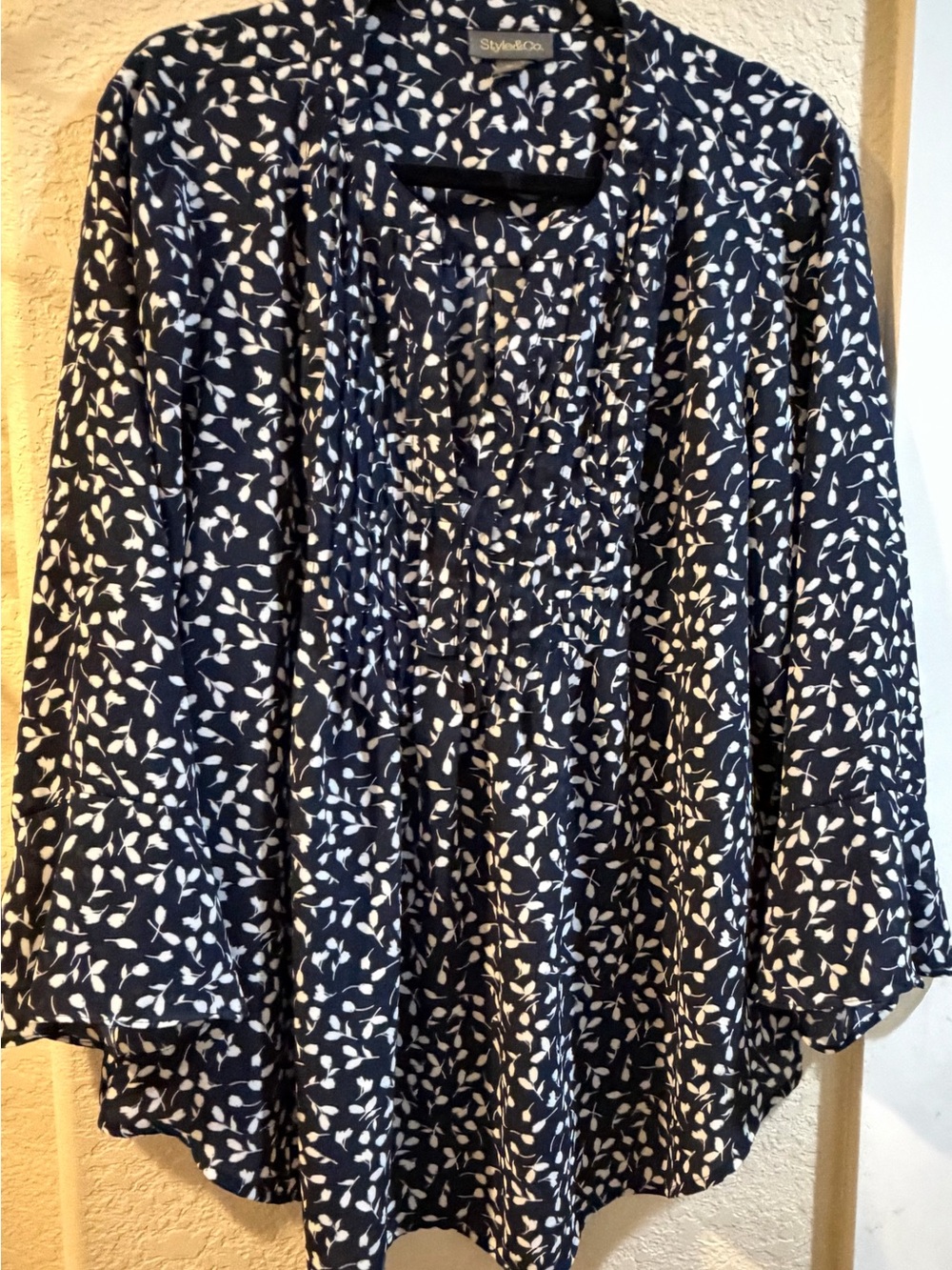 Style & Co. Navy Blouse with White Leaf Print